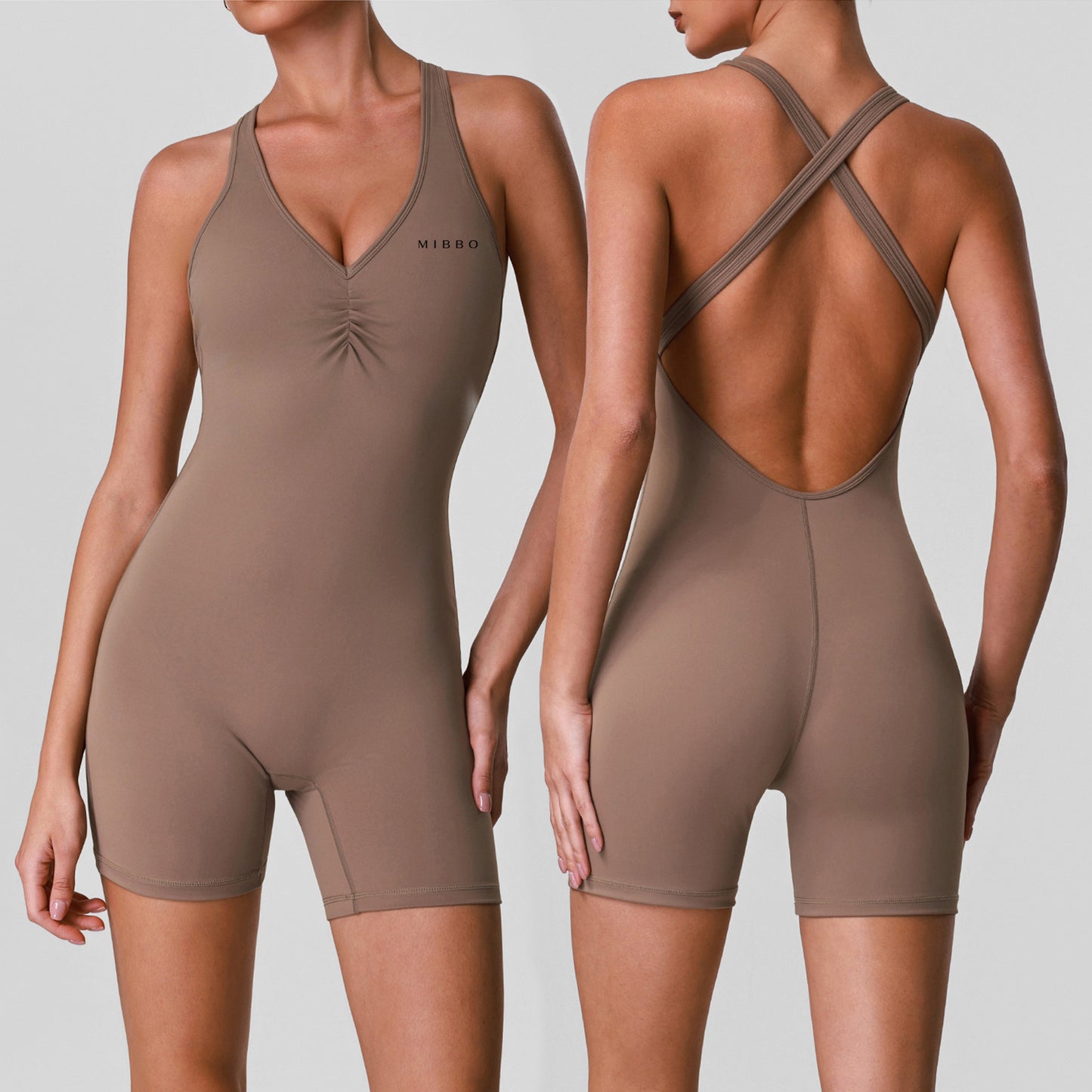 Tutina Sportiva Modellante Donna – LUNA Cross Back Jumpsuit Nocciola | MIBBO